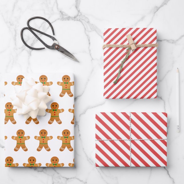Cute Gingerbread Man & Red Striped Christmas Wrapping Paper Sheet (Front)