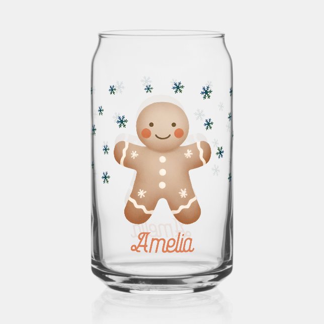 Cute Gingerbread Man Snowflakes Name Christmas Can Glass (Front)