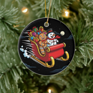 Cute Gingerbread Man & Snowman's Magical Christmas Ceramic Ornament