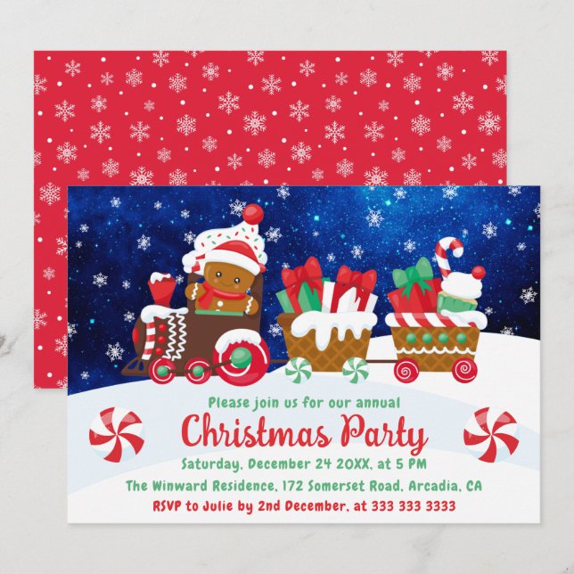 Cute Gingerbread Man Train Kids Christmas Party Invitation (Front/Back)