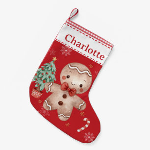 Cute Gingerbread Man Tree Candy Cane Red Gingham  Small Christmas Stocking