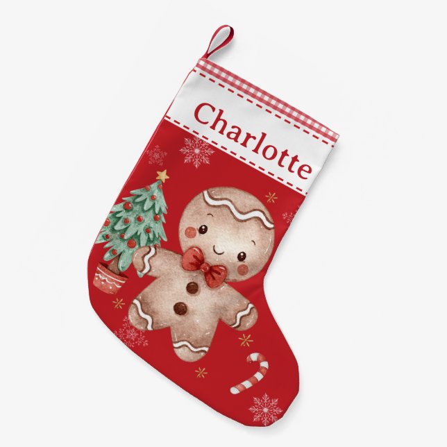 Cute Gingerbread Man Tree Candy Cane Red Gingham  Small Christmas Stocking (Front (Hanging))