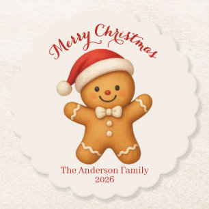 Cute Gingerbread Man with Santa Hat - Paper Coaster