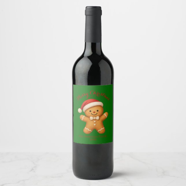 Cute Gingerbread Man with Santa Hat -  Wine Label (Front)