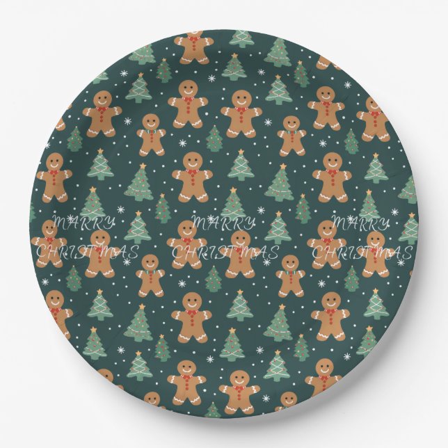 Cute Gingerbread Men Christmas Pattern Paper Plate (Front)