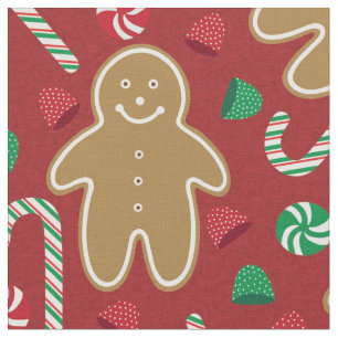 Cute Gingerbread Men Gumdrops Candy Cane on Red Fabric