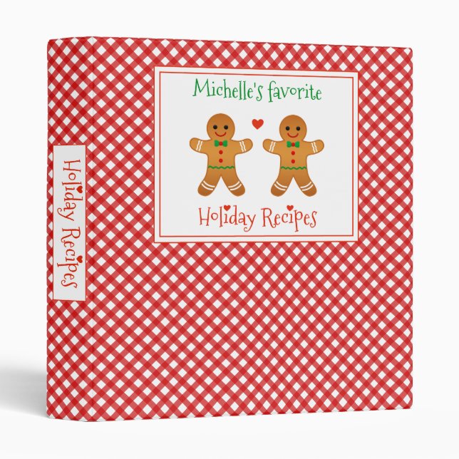Cute Gingerbread Men & Red Gingham Holiday Recipes Binder (Front/Spine)