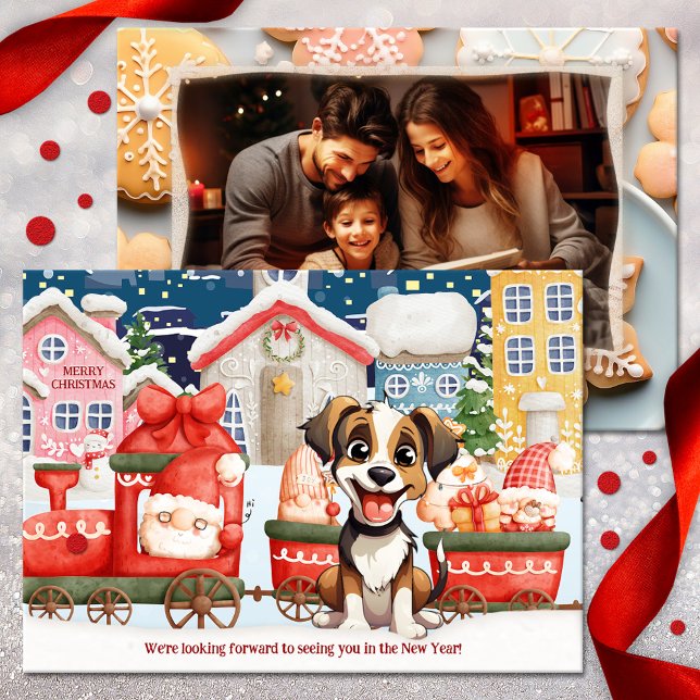 Cute Gingerbread Photo Christmas New Year Card (A cute Christmas and New Year holiday card featuring Santa in a gingerbread scene with a happy dog)