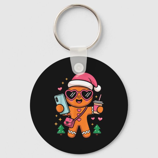 Cute Gingerbread Taking Selfie Christmas Pajama To Keychain (Front)