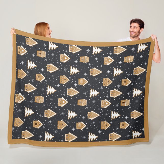 Cute Gingerbread Village Fir Trees Blue Christmas  Fleece Blanket (In Situ)
