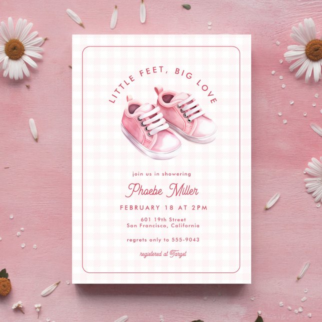 Cute Gingham Baby Sneakers Pink Baby Shower Invitation (Creator Uploaded)