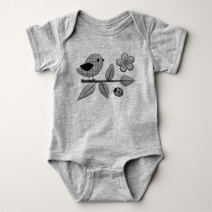 Cute Gingham Bird and Ladybug Garden Art Baby Bodysuit