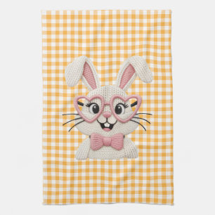 Cute Gingham Bunny Pink Heart Glasses  Kitchen Towel