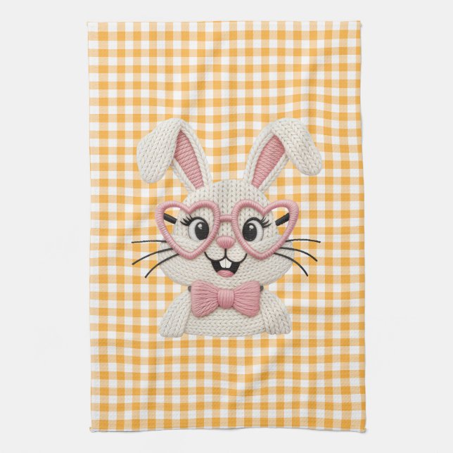 Cute Gingham Bunny Pink Heart Glasses  Kitchen Towel (Vertical)