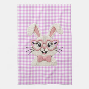 Cute Gingham Bunny Pink Heart Glasses  Kitchen Towel