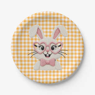 Cute Gingham Bunny Pink Heart Glasses Paper Plate