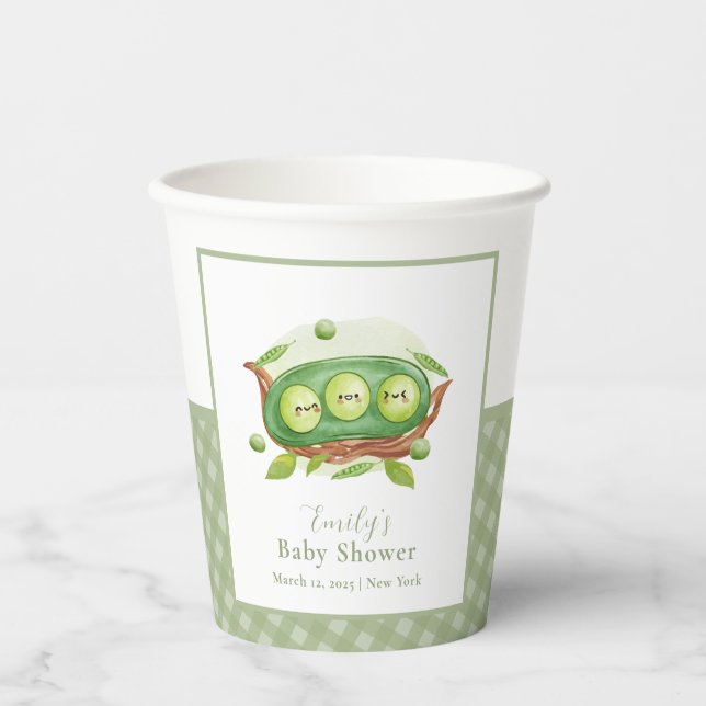 Cute Gingham Greenery Sweet Pea In Pod Baby Shower Paper Cups (Front)