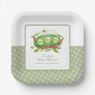Cute Gingham Greenery Sweet Pea In Pod Baby Shower Paper Plate