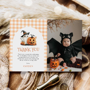 Cute Gingham Halloween Ghost 1st Birthday Photo Thank You Card