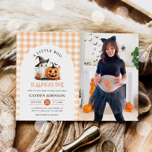 Cute Gingham Halloween Ghost Baby Shower Photo Invitation