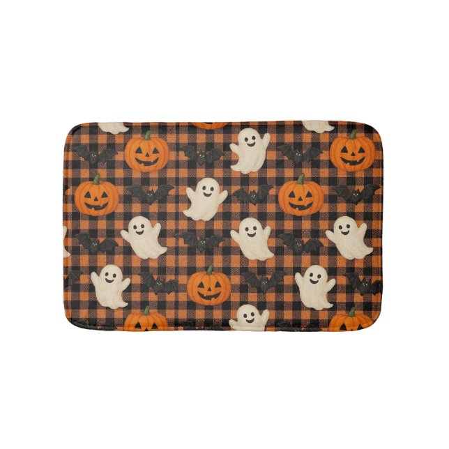 Cute, gingham halloween ghost pumpkin bats  bath mat (Front)