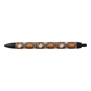 Cute, gingham halloween ghost pumpkin bats black ink pen