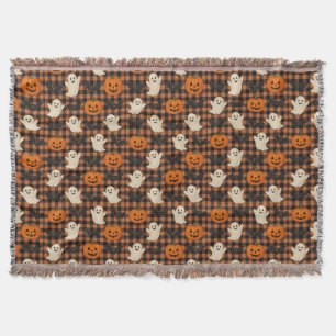 Cute, gingham halloween ghost pumpkin bats throw blanket