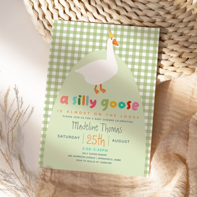 Cute Gingham Neutral Silly Goose Baby Shower  Invitation (Creator Uploaded)