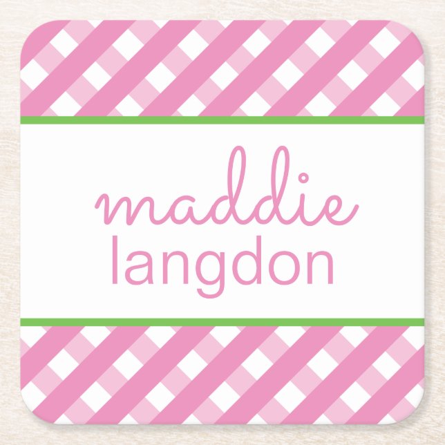 Cute Gingham Personalized Paper Coasters (Front)