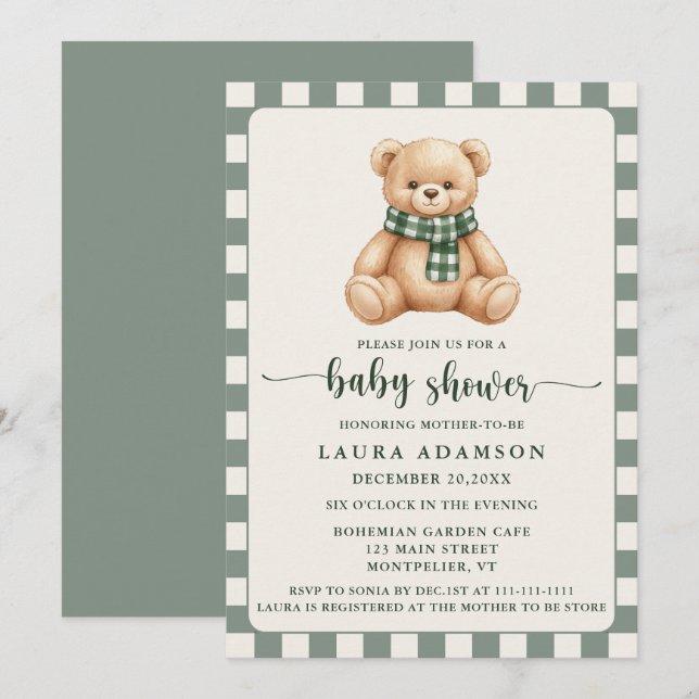 Cute Gingham Plaid Teddy Bear Winter Baby Shower Invitation (Front/Back)