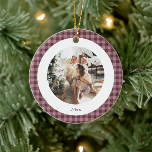 Cute Gingham Plum Plaid Custom Photo Christmas Ceramic Ornament