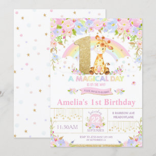 Cute Giraffe 1er anniversaire Invitation Girl