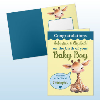 Cute giraffe add names blue green baby boy card