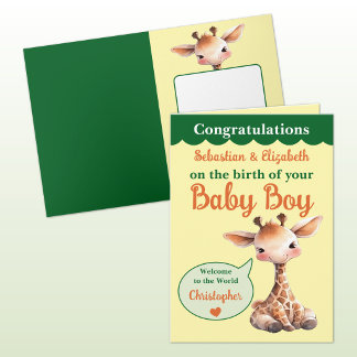Cute giraffe add names orange green baby boy card
