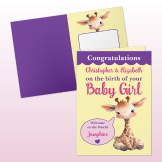 Cute giraffe add names pink purple baby girl card