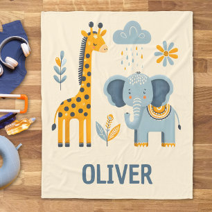 Cute Giraffe and Elephant Safari Friends  Fleece Blanket