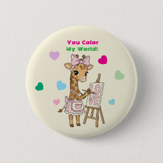 Cute Giraffe Artist "You Color My World" Valentine 2 Inch Round Button