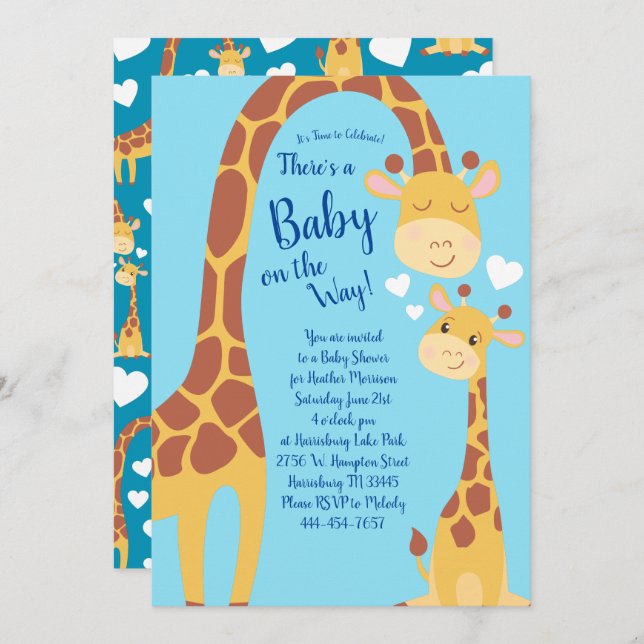Cute Giraffe Baby Shower Blue Boy Invitation (Front/Back)