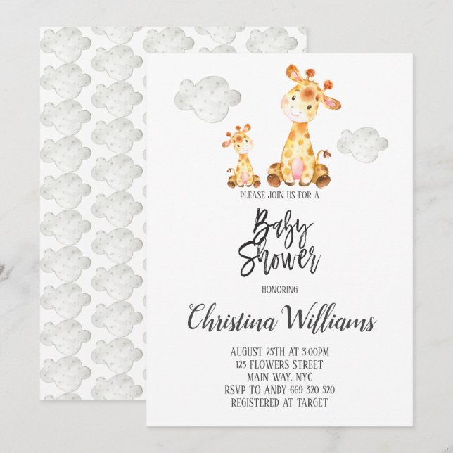 Cute Giraffe Baby Shower Neutral Grey Mom & Baby Invitation (Front/Back)