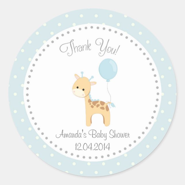 Cute Giraffe Baby Shower Sticker (Blue) (Front)