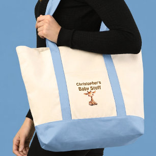 Cute giraffe baby stuff name blue brown tote bag
