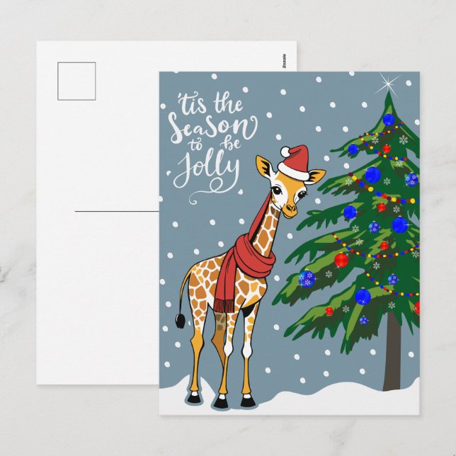 Cute Giraffe Beanie and Scarf with Christmas Tree Holiday Postcard (Front/Back)
