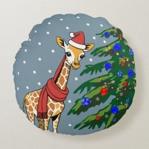 Cute Giraffe Beanie and Scarf with Christmas Tree Round Pillow