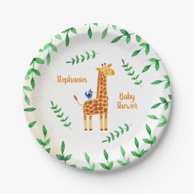 Cute Giraffe & Bird Baby Shower Paper Plate (Front)