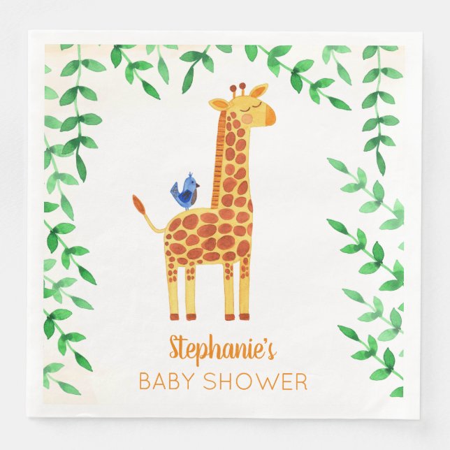 Cute Giraffe & Bird Baby Shower Personalized Napkin (Front)