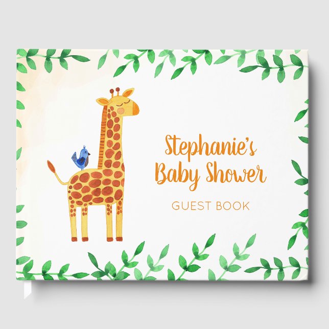 Cute Giraffe & Bird Personalized Baby Shower Guest Book (Front)