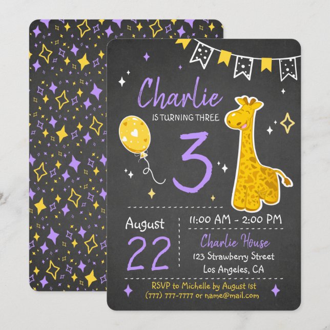Cute Giraffe | Birthday Chalkboard Invitation (Front/Back)