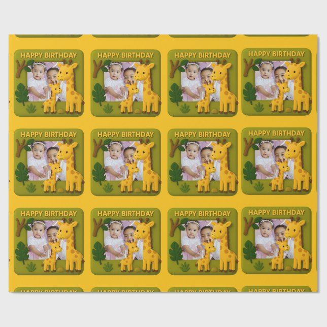 Cute Giraffe Birthday Photo Customizable Wrapping Paper (Flat)