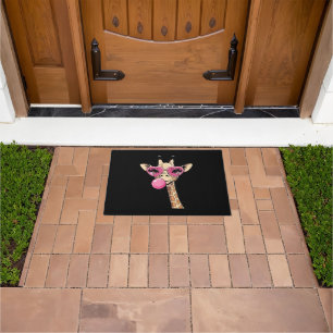 Cute Giraffe Blowing Pink Bubble Gum Sunglasses Doormat