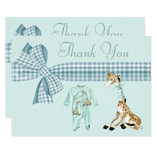 Cute Giraffe Blue Boy Baby Shower Thank You Card